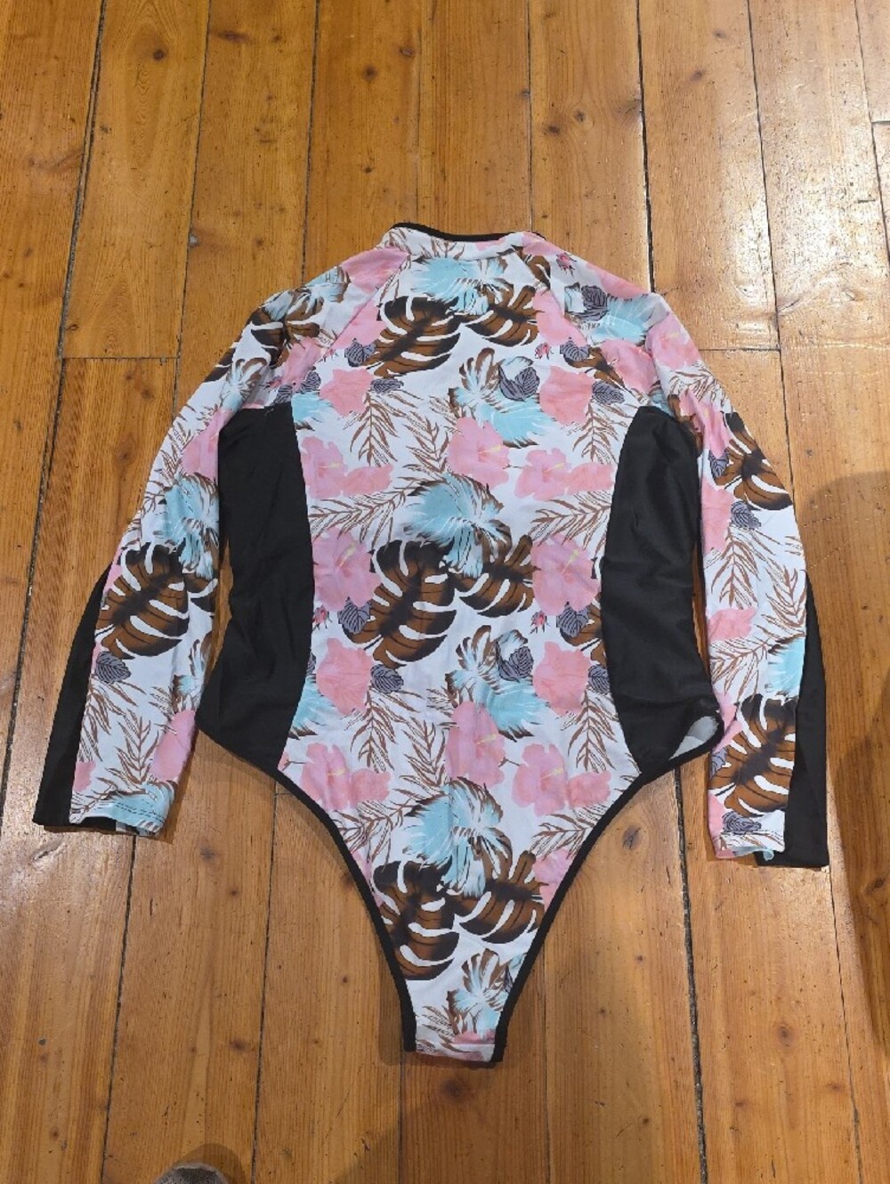SHEIN Black Panel Floral Long-Sleeve One-Piece Swimsuit - Pink Blue Brown - Picture 3 of 3